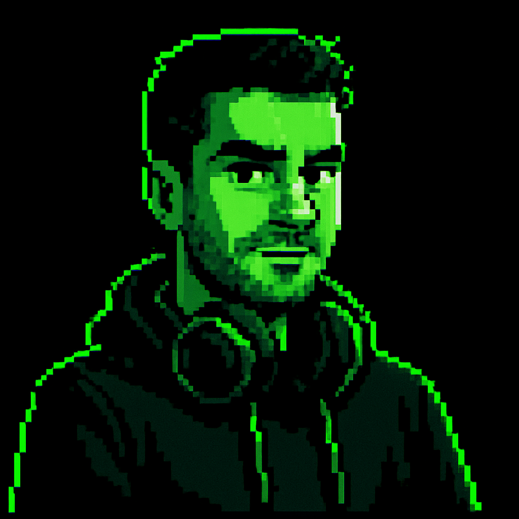 Pixel-art portrait of Bert John Carducci, a software developer with headphones and a dark hoodie